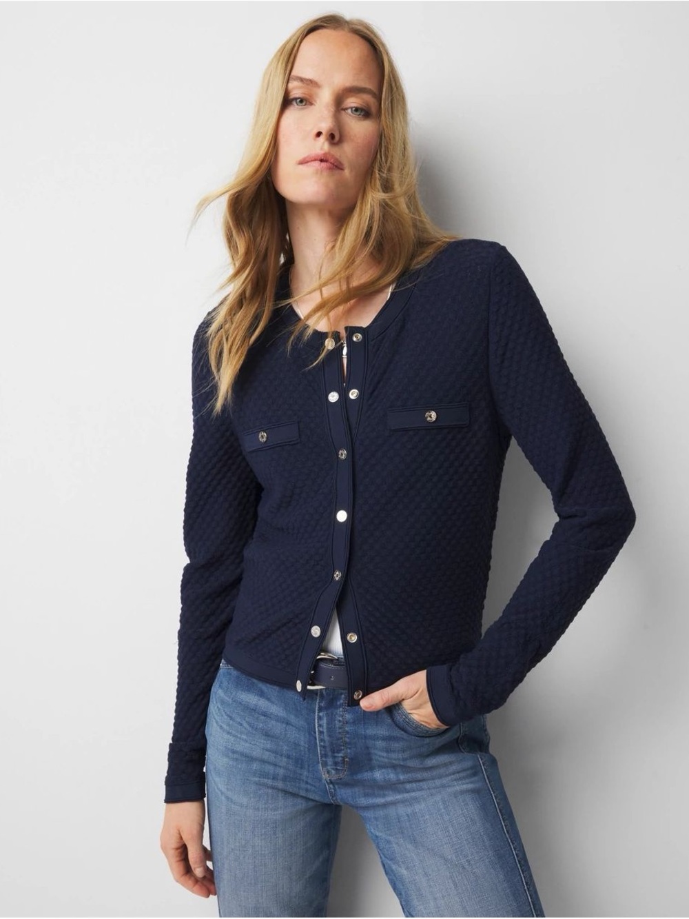 White House Black Market Navy Quilted Snap-Front Cardigan